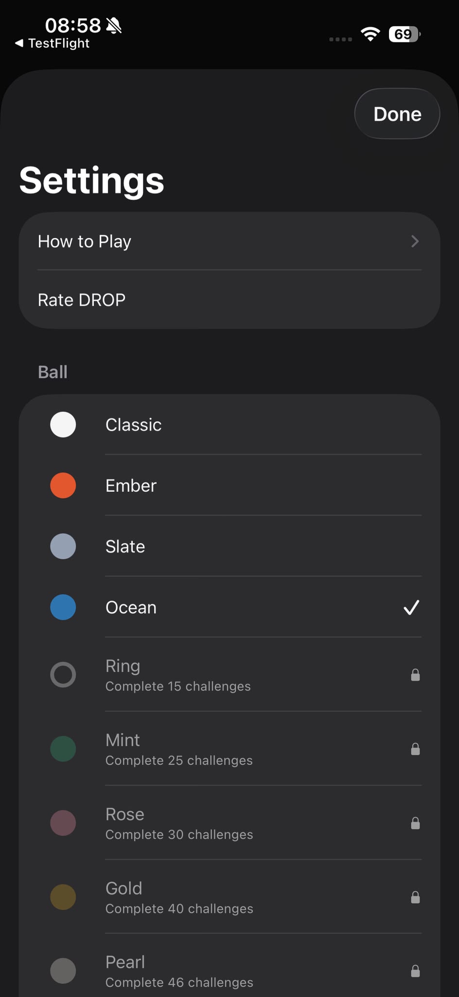 DROP settings and ball themes