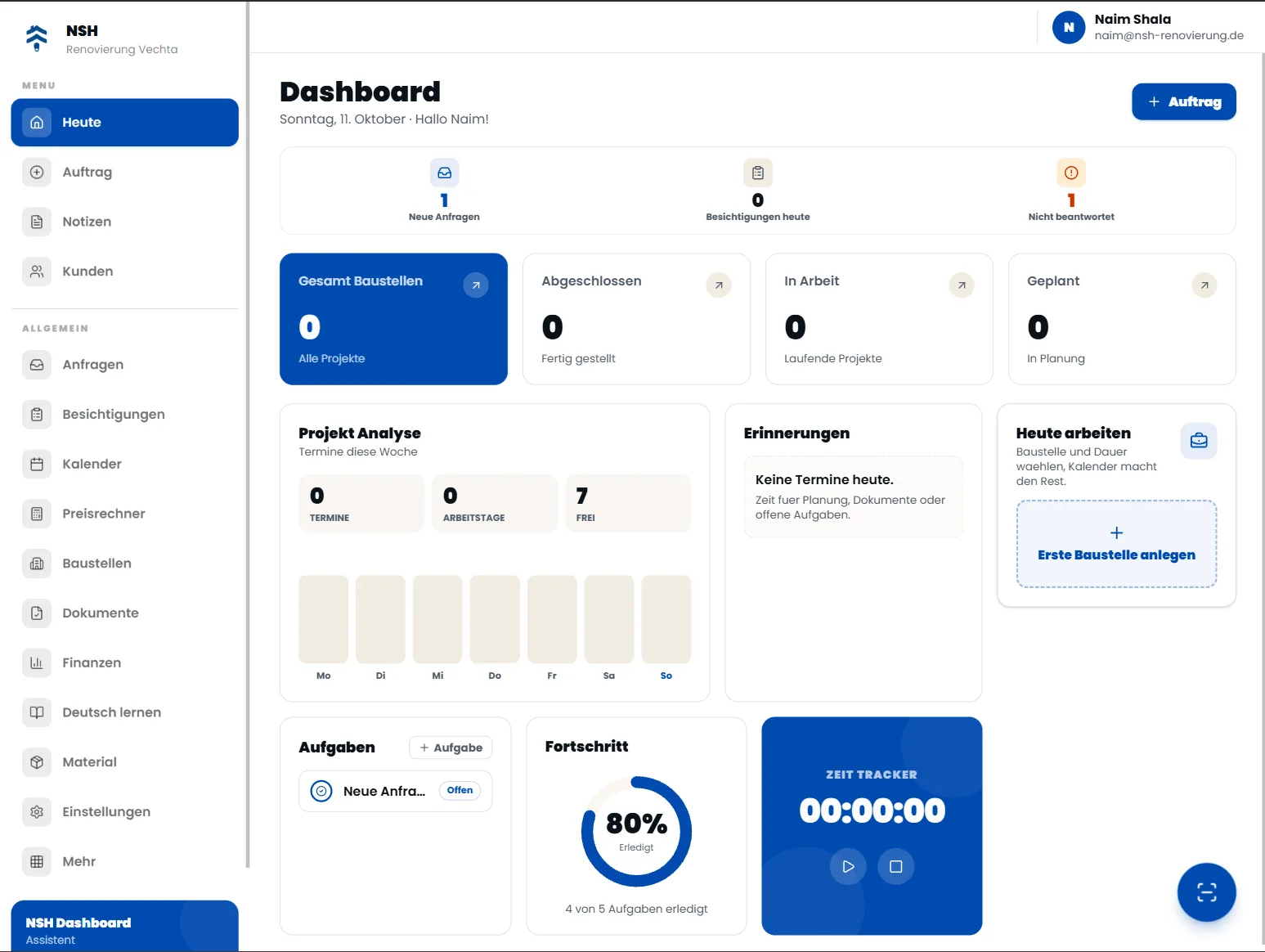 NSH Meister-Assistent, dashboard